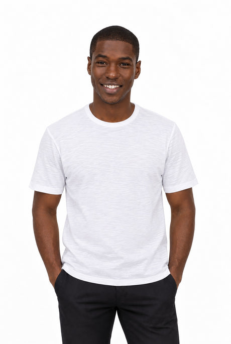 NOS039 slub t-shirt white – Vorderansicht am Model